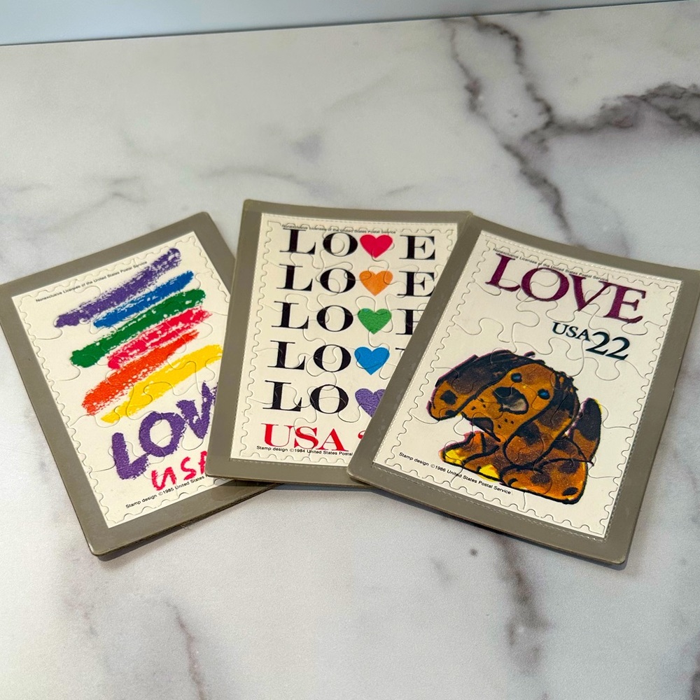 Set of 3 Love stamp puzzle postcards